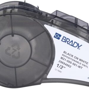 Brady Etiquetas de vinilo reposicionables de la serie M21 de 0.5 pulgadas de ancho x 20 pies de largo, BK/WH