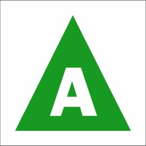Brady 45193, Etiquetas extintoras de incendios, 1 1/2" de altura x 1 1/2" de ancho, verde sobre blanco, leyenda "A" (1 por tarjeta)