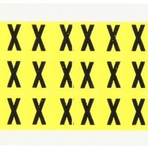 Brady 3410-X 1/2 pulgadas de altura, 11/32 pulgadas de ancho, B-498 paño de vinilo reposicionable, negro sobre amarillo Color 34 Series etiqueta de letras interiores, leyenda "X" (78 etiquetas por tarjeta)