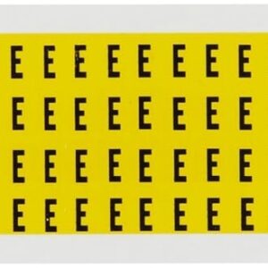 Brady 1500-E vinilo sensible a la presión (B-946), 1/4 pulgadas negro sobre amarillo 15 series números y letras interiores/exteriores, leyenda "E" (1 tarjeta por paquete, 144 pegatinas por tarjeta)