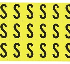 Brady 3410-S 1/2" de altura, 11/32" de ancho, B-498 de vinilo reposicionable, color negro sobre amarillo, etiqueta de letras para interiores, leyenda "S" (78 etiquetas por tarjeta)