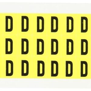Brady 3410-D 1/2 pulgadas de altura, 11/32 pulgadas de ancho, paño de vinilo reposicionable B-498, etiqueta de letras interiores de color negro sobre amarillo, leyenda "D" (78 etiquetas por tarjeta)