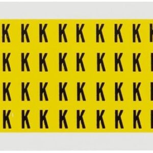 Brady 1500-K Vinilo sensible a la presión (B-946), 1/4" negro sobre amarillo 15 Series números y letras interior/exterior, leyenda "K" (1 tarjeta por paquete, 144 pegatinas por tarjeta)
