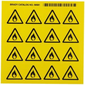Brady 58581 Etiquetas de pictograma de vinilo sensible a la presión, de derecha a conocido, negro sobre amarillo, 1 1/8 pulgadas de altura x 1 1/8 pulgadas de ancho, pictograma "inflamable" (16 por tarjeta, 1 tarjeta por paquete)