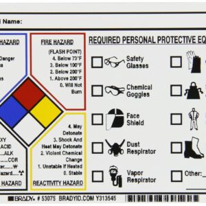 Brady 53075 - Etiquetas de vinilo sensible a la presión para equipos de protección NFPA, color negro, rojo, azul, amarillo sobre blanco, 3 1/2 pulgadas de alto x 5 pulgadas de ancho