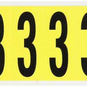 Brady 3450-3 3-1/2" Height, 1-1/2" Width, B-498 Repositionable Coated Vinyl Cloth, Black On Yellow Color 34 Series Indoor Number Label, Legend "3" (6 Labels Per Card)
