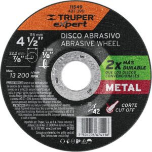 Truper ABT-390, Disco corte metal, alto rendimiento, tipo 42, diámetro 4-1/2", 1 pieza