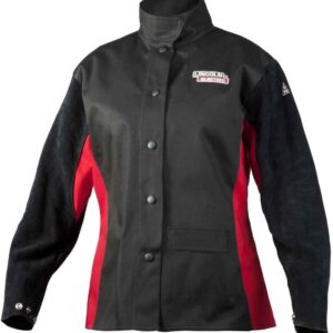 Lincoln Electric Jessi Peines de piel para mujer, chaqueta de soldadura de sombra, negro/rojo, talla S de EE. UU