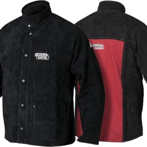 Lincoln Electric Chaqueta de soldadura de cuero resistente, ideal para soldadura de alto amperaje o fuera de posición, tamaño mediano, K2989M, negro/rojo