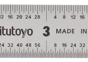 Mitutoyo 182-101, Steel Rule, 6" (4R), (1/8, 1/16, 1/32, 1/64"), 3/64" Thick X 3/4" Wide, Satin Chrome Finish Tempered Stainless Steel