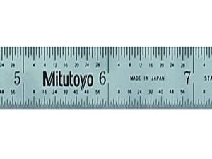 Mitutoyo 182-121, regla de acero, 12 pulgadas (4R), (1/8, 1/16, 1/32, 1/64 pulgadas), 3/64 pulgadas de grosor x 1 pulgada de ancho, acabado chapado en cromo satinado de acero inoxidable templado