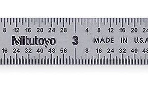 Mitutoyo 182-202, regla de acero, 6 pulgadas (16R), (1/32, 1/64", 1/50", 1/100"), 1/64" de grosor x 1/2" de ancho, acero inoxidable templado con acabado cromado satinado