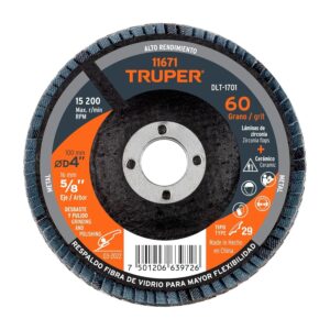 Truper DLT-1701, Disco laminado, alto rendimiento, diámetro 4", 5/8", grano 60