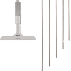 Mitutoyo 129-116 Vernier Medidor de profundidad, varillas intercambiables, tipo micrómetro, rango de 0-150 mm, graduación de 0.001 mm, precisión de +/-0.0040 mm, base de 101.6 mm x 16 mm, 6 varillas