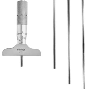 Mitutoyo 129-127 Micrómetro de profundidad, rango de medición de 0 a 4 pulgadas, resolución de 0 pulgadas, base de 2.5 pulgadas, 4 varillas intercambiables