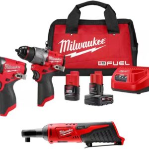 Milwaukee M12 COMBUSTIBLE 12 V Li-Ion sin escobillas taladro y kit combinado de destornillador de impacto (2 herramientas) con trinquete M12 3/8 pulgadas