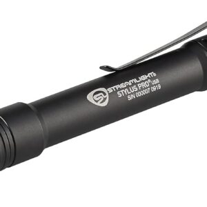 STREAMLIGHT 66133 Stylus Pro USB 350-Lumen Rechargeable LED Pen Light with 120-Volt AC Charge Cord & Nylon Holster – Black