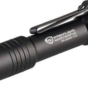 Streamlight 66320 MacroStream 500-Lúmenes Recargable USB Linterna Compacta con Cordón para la Muñeca, Clip para Gorra y Cable USB, Negra