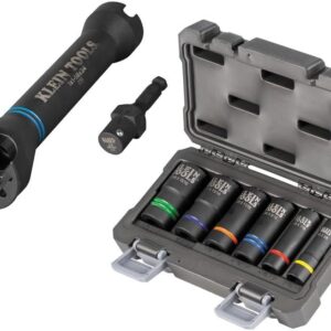 Klein Tools 660KIT1 Juego de llaves de impacto de 1/2 pulgada con enchufe de impacto 5 en 1 y 6 enchufes ranurados, para linieros y trabajos de utilidad, 8 piezas