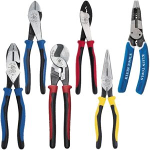 Klein Tools 80086 - Kit de alicates Journeyman, fabricado en Estados Unidos, corte lateral de alto apalancamiento, diagonal, alicates de punta larga para tirar, cortar y engarzar, 6 piezas