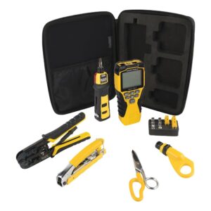 Klein Tools VDV001819 Juego de herramientas, juego de prueba de instalación de cables con crimpadores, probador de cables Scout Pro 3, cortadores, herramienta de perforación, funda, 6 piezas