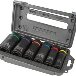 Klein Tools 66060 Juego de llaves de impacto 2 en 1, juego de herramientas de 6 piezas con enchufes profundos de 6 puntos con unidad de 1/2 pulgada, incluye caja de herramientas