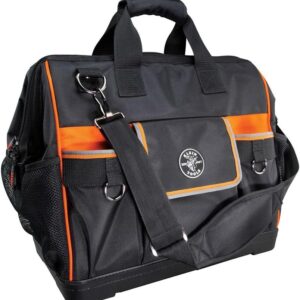 Klein Tools 55469 Tradesman Pro - Bolsa de herramientas abierta ancha hecha de tela balístico 1680 con parte inferior moldeada y correa de hombro desmontable