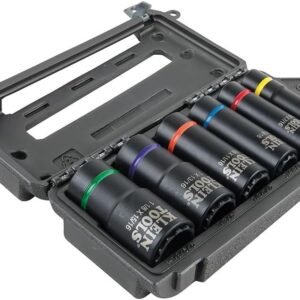 Klein Tools 66010 Juego de llaves de impacto SAE 2 en 1, juego de herramientas de 6 piezas con enchufes profundos de 12 puntos con unidad de 1/2 pulgada, incluye caja de herramientas