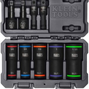 Klein Tools 66055 - Juego de enchufes abatible 2 en 1, codificado por colores, 12 puntos, incluye 4 adaptadores, unidad de 3/8 pulgadas y 1/2 pulgadas