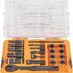 Klein Tools 65240 KNECT Impact Deep-Well Flip Socket y Low Profile PassThrough Socket Set, SAE, 20 piezas, funda MODbox, unidad de 1/4 pulgadas y 3/8 pulgadas