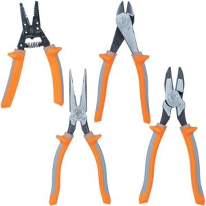Klein Tools 9417R - Juego de alicates aislados y pelacables, fabricado en Estados Unidos, cortador lateral, cortador diagonal, alicates de punta larga, pelacables, 4 piezas
