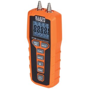 Klein Tools ET180 Manómetro digital, probador de presión de aire y gas, medidor de presión diferencial de doble puerto, visualización LCD grande con retroiluminación