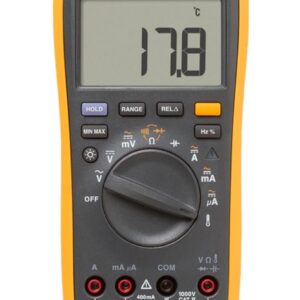 Fluke 17B+ Multímetro digital, para aplicaciones eléctricas, mide voltaje CA/CC 100 V, mediciones de corriente a 10 A, resistencia, continuidad, diodo, capacitancia, con Temperatura/Frecuencia