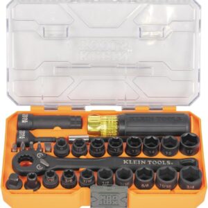 Klein Tools 65400KNECT KNECT Essential Pass Through Impact Socket Set, SAE y métrico, carraca de 90 dientes, funda MODbox, unidad de 3/8 pulgadas, 28 piezas
