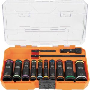 Klein Tools 65239 KNECT Flip-20 Juego de enchufes de impacto profundo, 20 tamaños SAE y métricos con funda MODbox, enchufes giratorios resistentes con adaptadores de 1/4 y 3/8 pulgadas