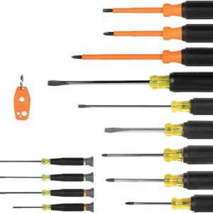 Klein Tools 85814 Juego de destornilladores de 14 piezas, 4 precisiones, 5 controladores estándar con asas codificadas por colores, 3 destornilladores aislados, 1 destornillador de demolición e