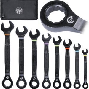 Klein Tools 69408MG Juego de llaves combinadas de carraca, métricas, 8 piezas, 8 a 19 mm, aleación de acero, bolsa de espuma, 90 dientes