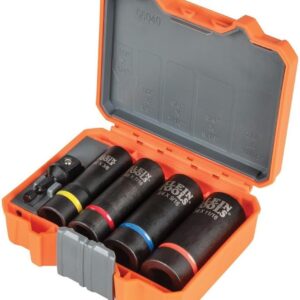 Klein Tools 66040 Juego de llaves de impacto 2 en 1, juego de herramientas de 5 piezas con enchufes profundos de 12 puntos con unidad de 1/2 pulgada, incluye caja de herramientas