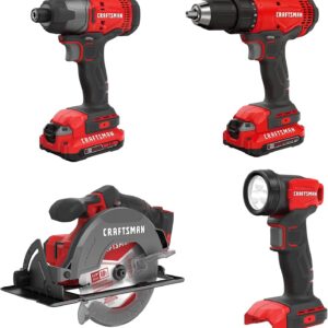 CRAFTSMAN Kit de Herramientas 20V Inalámbricas con Taladro Atornillador Sierra Circular Atornillador de Impacto y Linterna con 2 Baterias CMCK401D2