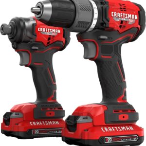 CRAFTSMAN V20 RP Taladro inalámbrico y destornillador de impacto, kit combinado de herramientas eléctricas sin escobillas, 2 baterías y cargador incluidos (CMCK211C2)