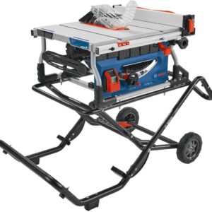 BOSCH GTS15-10 Sierra de mesa portátil de 10 pulgadas con soporte de ruedas de elevación de gravedad, 15 amperios, capacidad de rasgado de 32-1/8 pulgadas, 4 HP