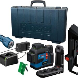 BOSCH GLL330-42CGL 12V Max 360⁰ Kit láser de tres planos con conexión Bluetooth de haz verde – Incluye batería de 12 V, cargador, montaje, clip, placa lente, estuche