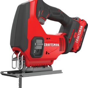 CRAFTSMAN V20 Kit de sierra de calar inalámbrica, 3 ajustes orbitales, hasta 2.500 SPM, batería y cargador incluidos (CMCS600D1)