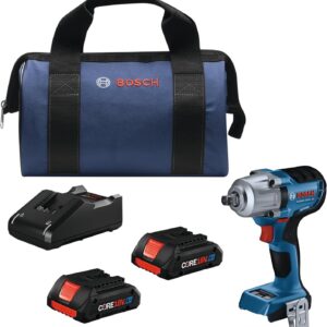 BOSCH GDS18V-330PCB25 18V sin escobillas 1/2 pulgadas. Kit de llave de impacto de par medio con retenedor de pasador y (2) baterías de alimentación avanzadas CORE18V® de 4 Ah