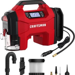 CRAFTSMAN inflador/aspirador/soplador 3 en 1, inflador de neumáticos portátil con luz LED, aspiradora o soplador silencioso de coche, 160 PSI para coche, camión, 12 V CC con cable y 20 V CC sin cable