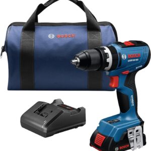 BOSCH GSB18V-65B12 1/2" Kit de taladro de martillo sin escobillas, 575 pulgadas Lbs. Par máximo, control de retroceso conmutable, selector de modo rápido, luces de trabajo LED duales, batería y kit de