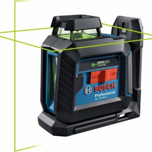 BOSCH GLL50-40G Láser de línea cruzada autonivelante de 360 grados, incluye 4 baterías AA, soporte en L, clip de techo y estuche de transporte duro