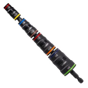 Klein Tools 32934 – driver de impacto SAE 9 en 1, 4 enchufes giratorios con 1/4, 5/16, 3/8, 7/16, 1/2, 9/16, 5/8 y 3/4 pulgadas con soporte de brocas, eje de 6-1/2 pulgadas