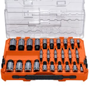 Klein Tools 65233HEX Juego de llaves hexagonales de 1/4, 3/8, unidades de 1/2 pulgadas, moleteadas, SAE (5/64 a 3/4 pulgadas) y métrico (2 a 19 mm) con funda MODbox, 32 piezas