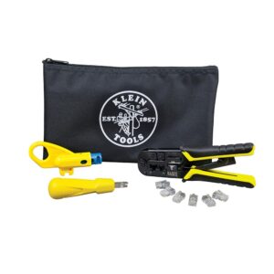 KLEIN TOOLS VDV026-212 | Kit para Instalación de Cable Par Trenzado con Estuche | Corta, Pela y Poncha con Precisión | Pinzas Electricista | Crimpadora de Terminales | 6 Conectores RJ45